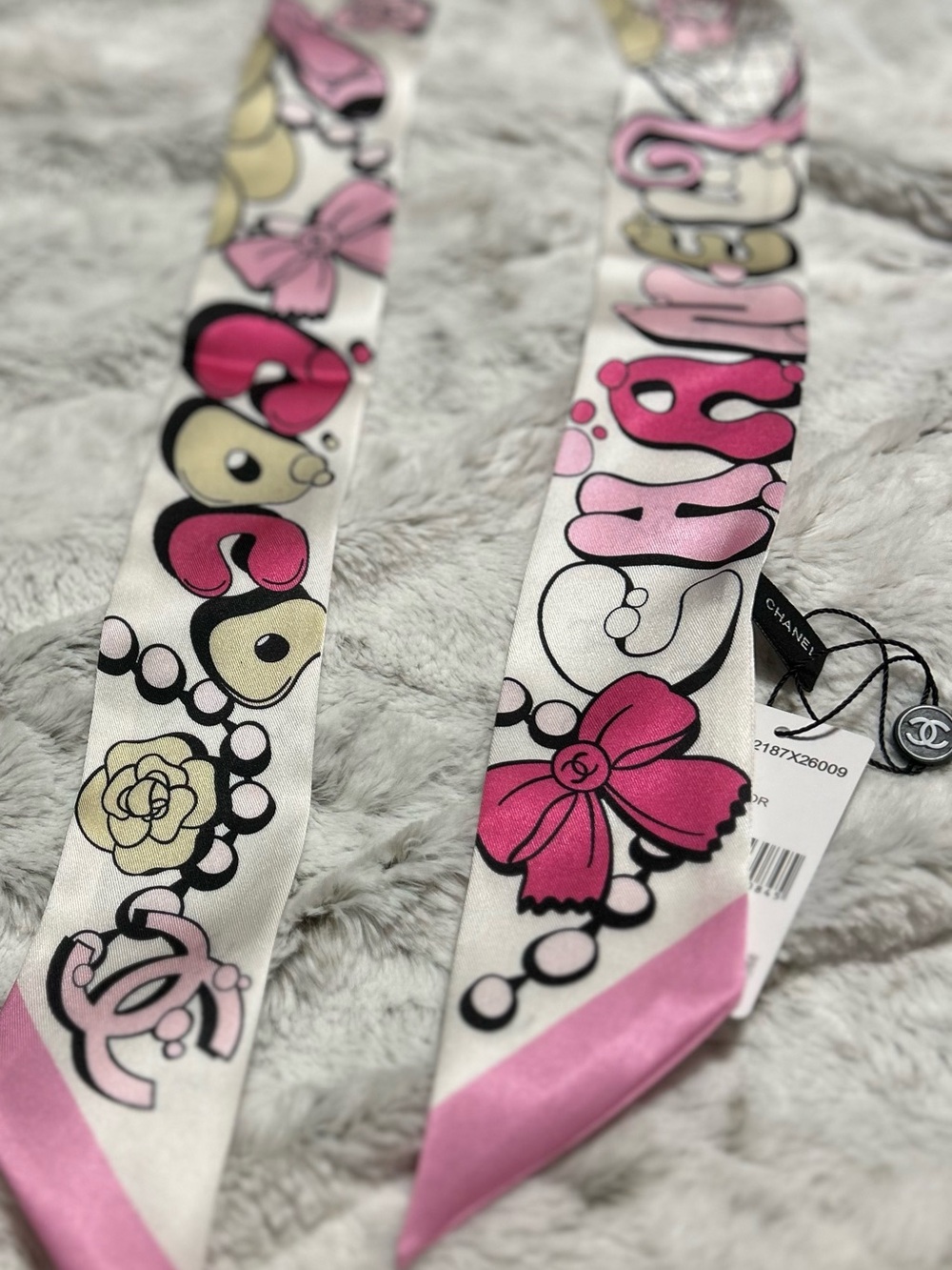 C Pink, White and Cream Twilly Scarf